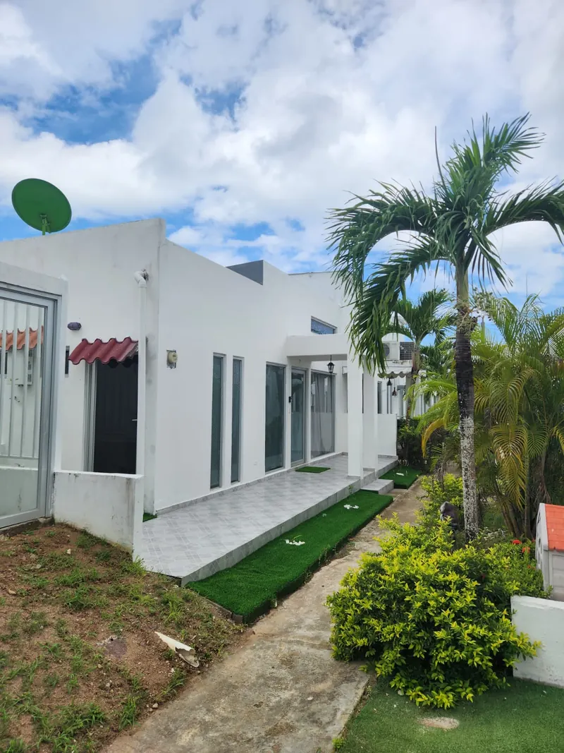 Jardín y fachada blanca entre palmeras